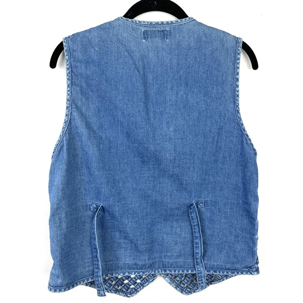 Vintage Woven Lattice Denim Vest Wood Toggle Button Boho Cowgirl Cottagecore M - Picture 4 of 13